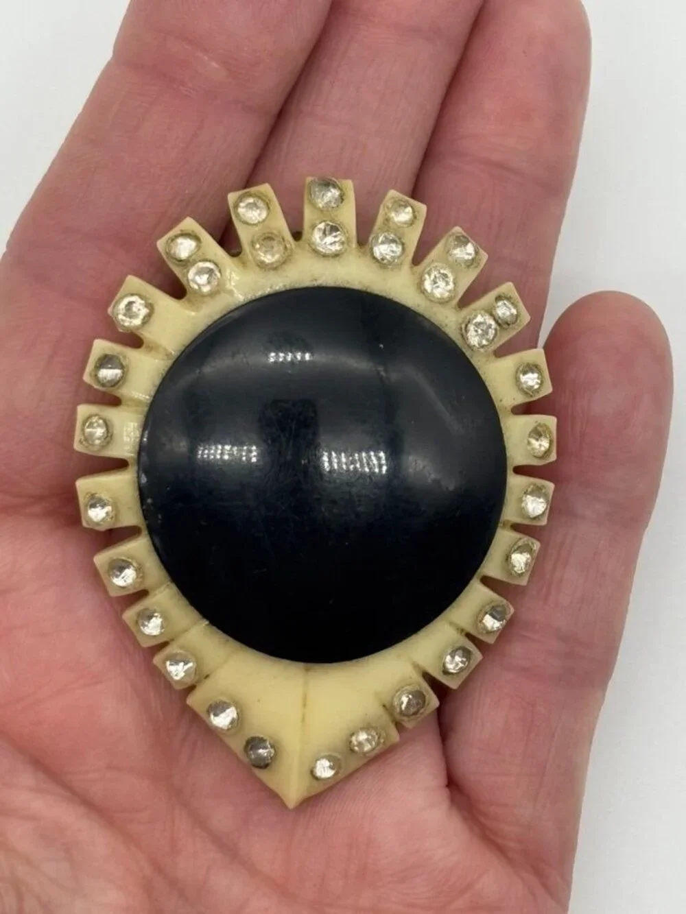 Vintage Celluloid Art Deco Dress Clip Black and Cream With Rhinestones, Unsigned